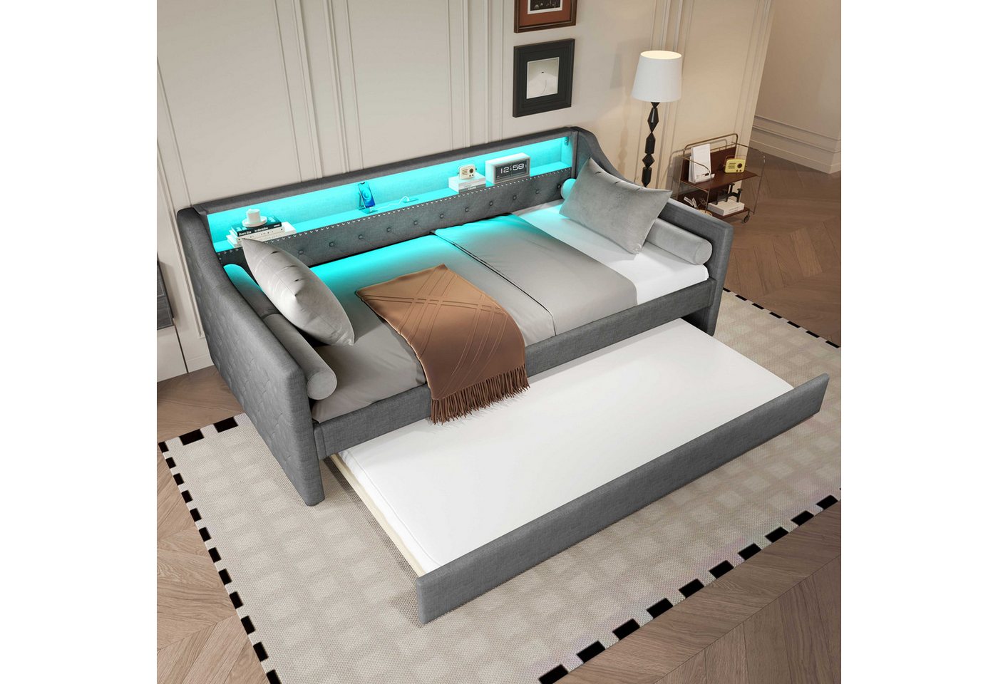 BlingBin Daybett Schlafsofa, Tagesbett mit Lattenrost (modernes Schlafsofa aus Leinen und MDF mit Ausziehfunktion, 90x200 cm, 1 tlg), mit USB-Ladeanschluss und App-gesteuerter LED-Beleuchtung mit Rollbett von BlingBin