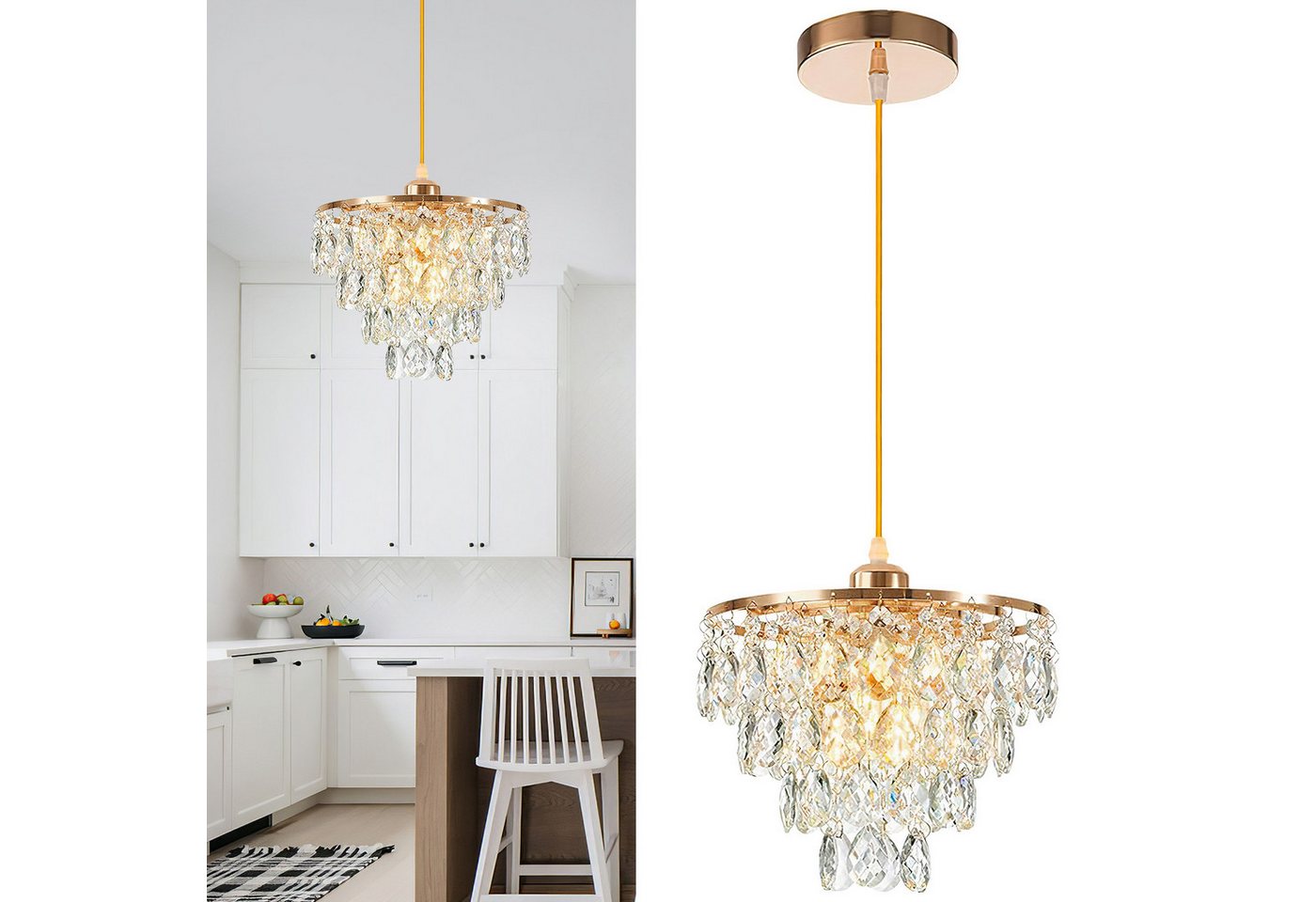 BlingBin Deckenleuchte LED Kristall Pendelleuchte Gold Höhenverstellbar mit E27, LED fest integriert, Warmweiß, Neutralweiß, Kaltweiß, Höhenverstellbar bis 120 cm, flexibel einsetzbar von BlingBin