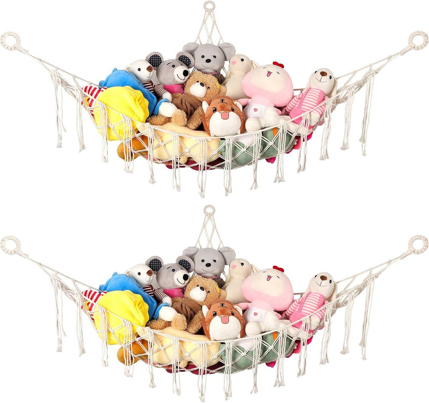 BlingBin Dekohänger 2er Kuscheltier Aufbewahrung Netz Boho Makramee Stofftier Hängematte (2er Set, 2 St., 142L x 104B x 104H cm), Ecke Kinderzimmer Hängend Spielzeug Organizer für Plüschtiere von BlingBin