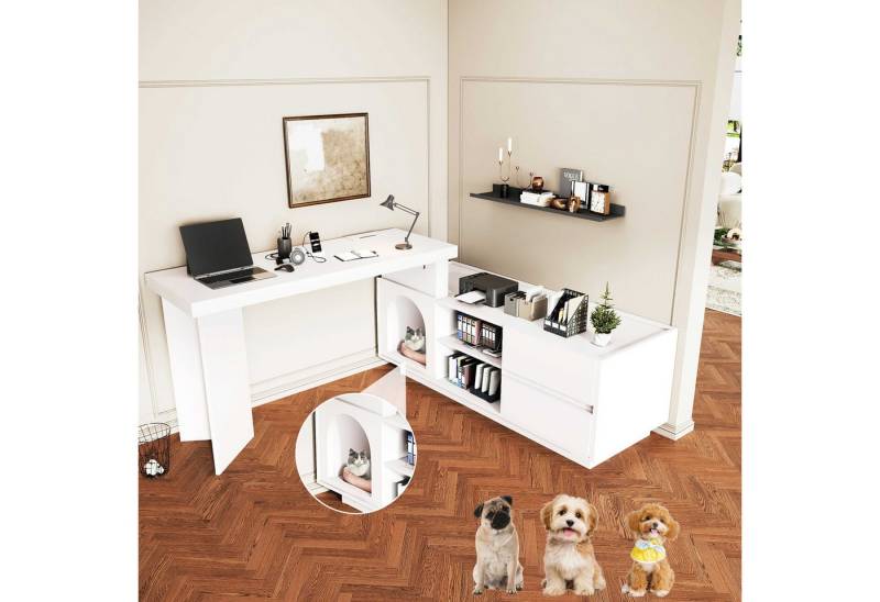 BlingBin Eckschreibtisch (1-St., Multifunktionaler Schreibtisch mit Rückzugsort für Haustiere), 120×50 cm, ideal für Homeoffice mit Katze oder Hund von BlingBin