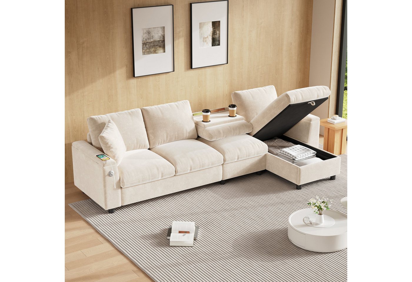 BlingBin Ecksofa Sofa L-Form, Ausklappbarer Couchtisch mit zwei Getränkehaltern 1 Teile, mit Stauraum, 1 USB und 1 Typ-C, 280L × 137B × 84H cm BlingBin Ecksofa Sofa L-Form, Ausklappbarer Couchtisch mit zwei Getränkehaltern 1 Teile, mit Stauraum, 1 USB und 1 Typ-C, 280L × 137B × 84H cm von BlingBin