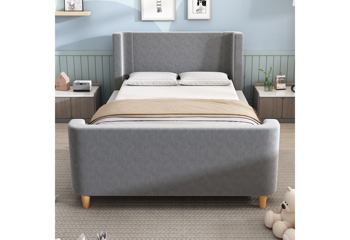 BlingBin Einzelbett (1-tlg., Kinderbett Polsterbett 90 x 200 cm mit kosmischem Muster), Für Jungen & Mädchen, Samt (Ohne Matratze) von BlingBin