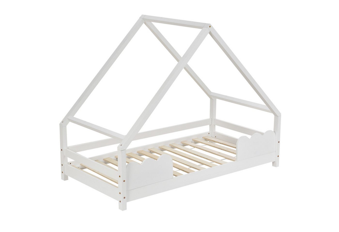 BlingBin Einzelbett Hausbett Kinderbett 90x200cm (1er Set, 1-tlg., mit Lattenrost, Rausfallschutz), mit Rausfallschutz Spielbett Jugendbett Massivholz in Weiß von BlingBin
