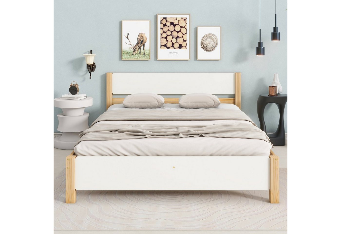 BlingBin Einzelbett Holzbett Jugendbett (1-tlg., mit Kopfteil und Lattenroste), Weiß + Natur, Bettgestell aus Kiefer, 90/140x200 cm von BlingBin