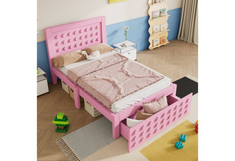 BlingBin Einzelbett Holzbett Kinderbett Jugendbett Massivholz Bettgestell (1-tlg., mit Lattenrost, mit Schubladen & Unterm Bett Stauraum), mit Kreativem Block Design Rosa, Ohne Matratze von BlingBin