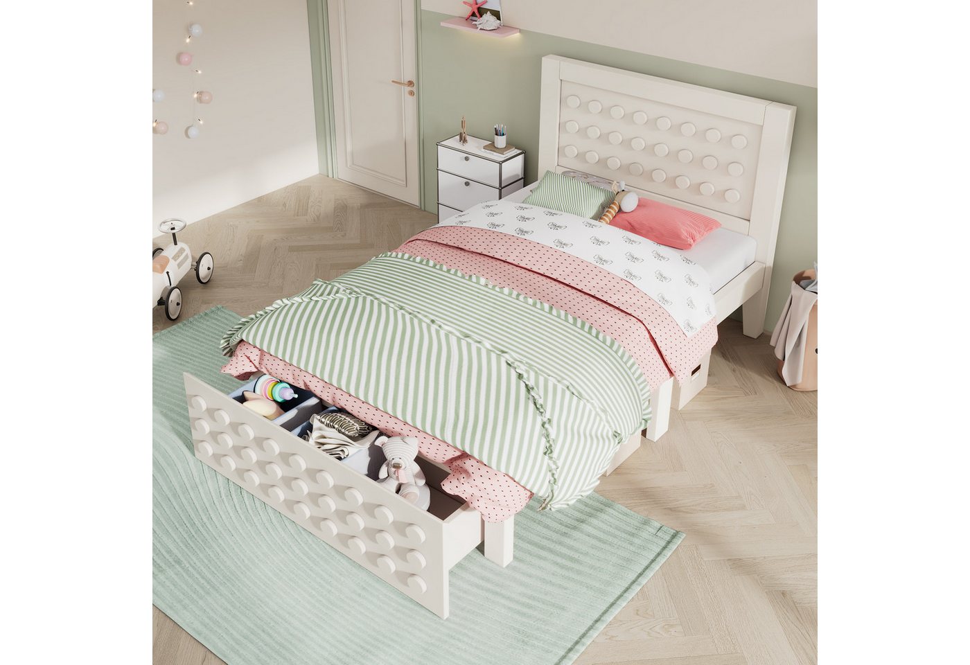 BlingBin Einzelbett Holzbett Kinderbett Jugendbett Massivholz Bettgestell (1-tlg., mit Lattenrost, mit Schubladen & Unterm Bett Stauraum), mit Kreativem Block Design Rosa, Ohne Matratze von BlingBin