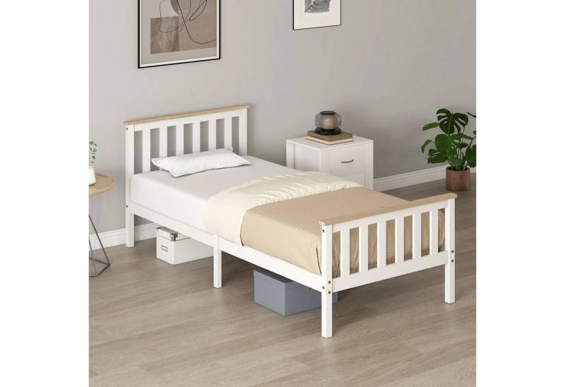 BlingBin Einzelbett Jugendbett Kinderbett (1-tlg., Bettrahmen aus Holz,unterer Stauraum,ohne Matratze), 90x200cm,Weiß+Natur,Kiefernholz von BlingBin