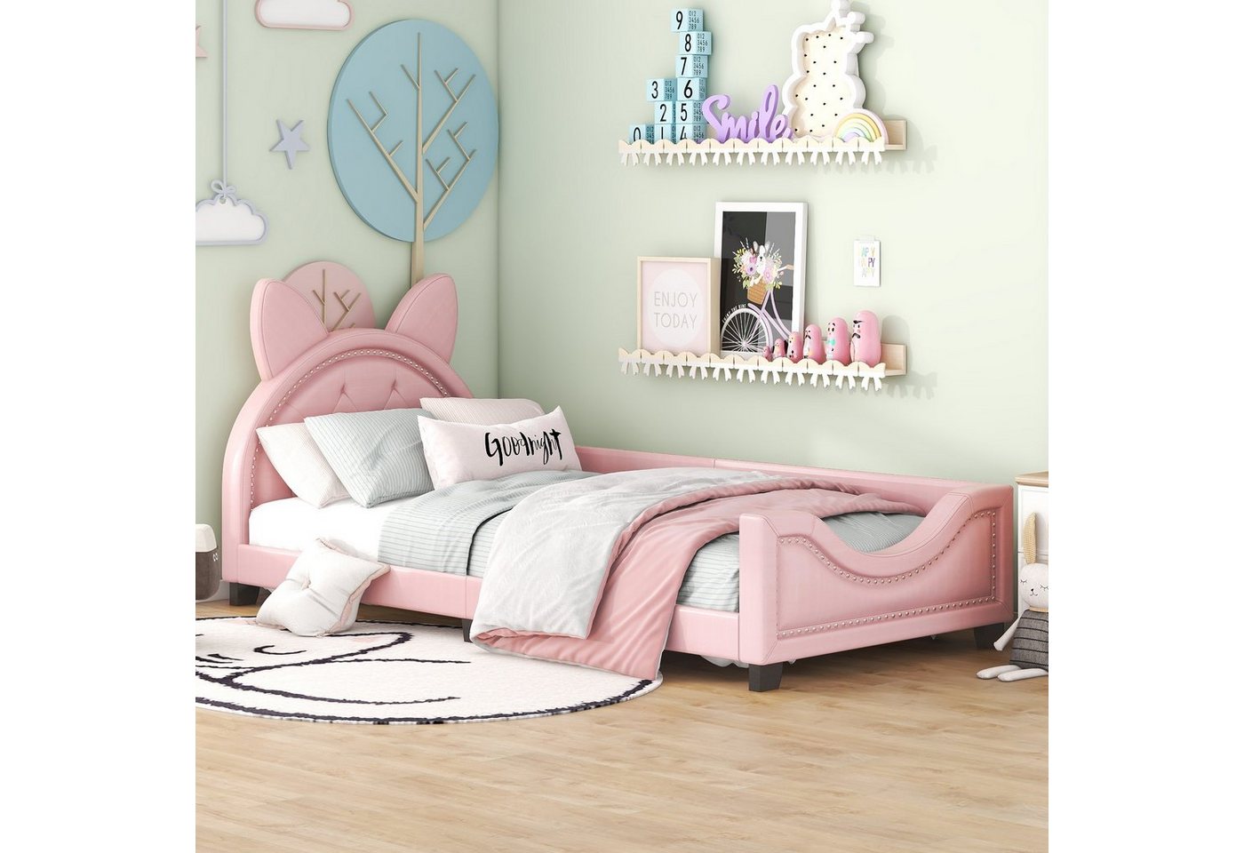 BlingBin Einzelbett Kinderbett 90×200cm (1-tlg., Form von Karton-Ohren, Rosa), mit Holz Lattenroste und Rückenlehne von BlingBin