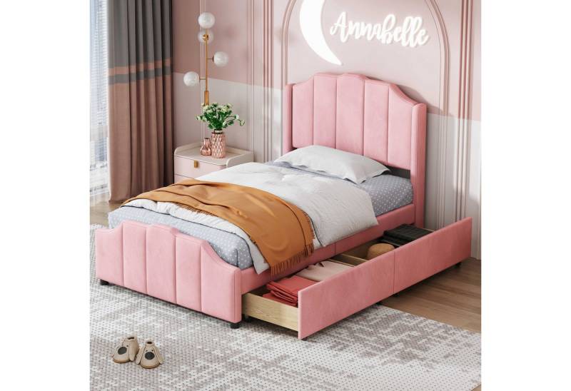 BlingBin Einzelbett Kinderbett Polsterbett Stauraumbett (1-tlg., Samt gepolstertes Jugendbett mit Kopfteil, Fußteil und Lattenrost), 90x200 cm,mit 2 Stauraumschubladen von BlingBin