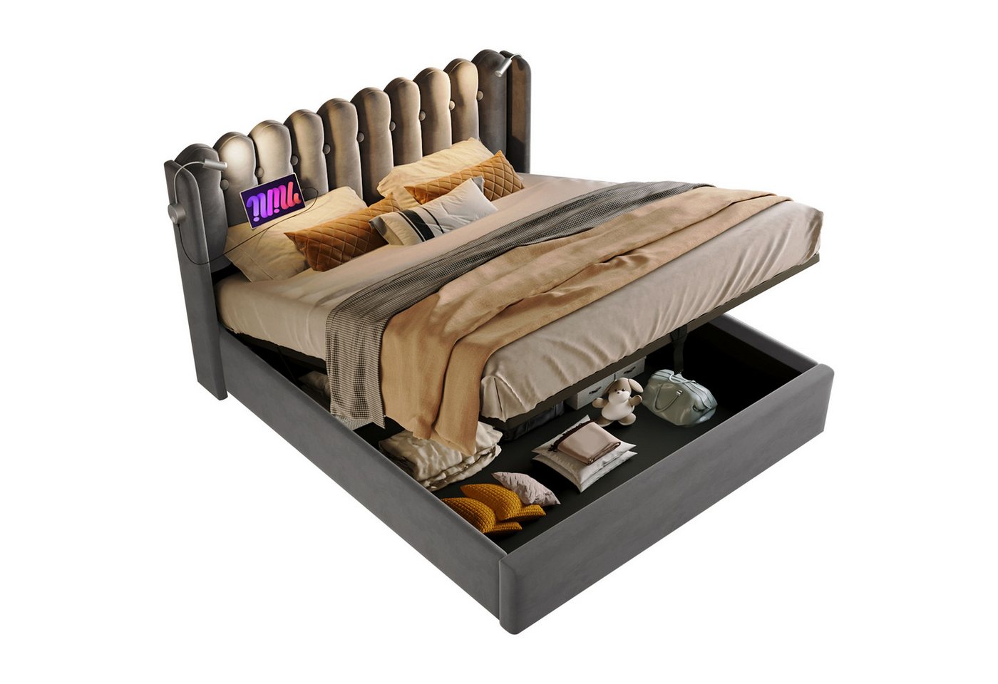 BlingBin Einzelbett Polsterbett (1-tlg., Ladefunktion und Bettkasten, mit Leselicht), 2 USB-Ladeanschlüsse, mit lattenrost, mit Matratze von BlingBin