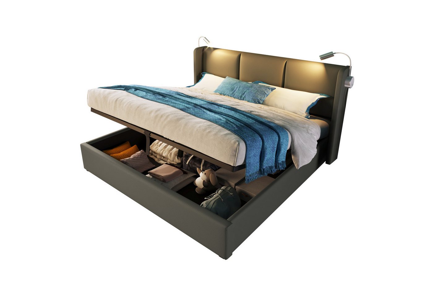 BlingBin Einzelbett Polsterbett (1-tlg., Doppelbett Stauraum Bettkasten Leselicht), USB Ladefunktion Kopfteil, 160x200 von BlingBin