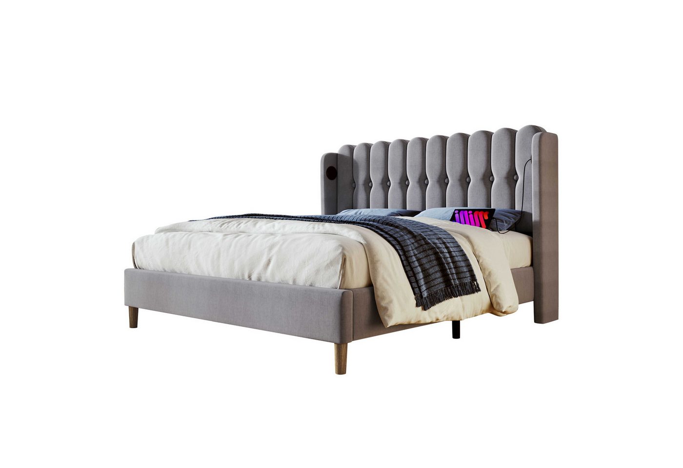 BlingBin Einzelbett Polsterbett (1-tlg., Jugendbett mit USB Typ C Ladefunktion, 180x 200 cm), Leinenmaterial von BlingBin