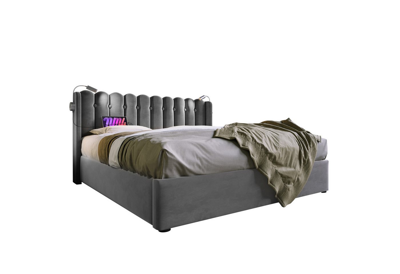 BlingBin Einzelbett Polsterbett (1-tlg., Ladefunktion und Bettkasten, mit Leselicht 140 ×200CM), 2 USB-Ladeanschlüsse,mit lattenrost,Ohne Matratze,Samt von BlingBin