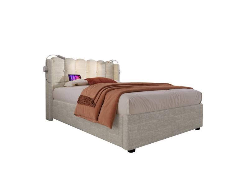 BlingBin Einzelbett Polsterbett (1-tlg., Ladefunktion und Bettkasten, mit Leselicht 90 ×200CM), 2 USB-Ladeanschlüsse,mit lattenrost,Ohne Matratze,Leinen von BlingBin