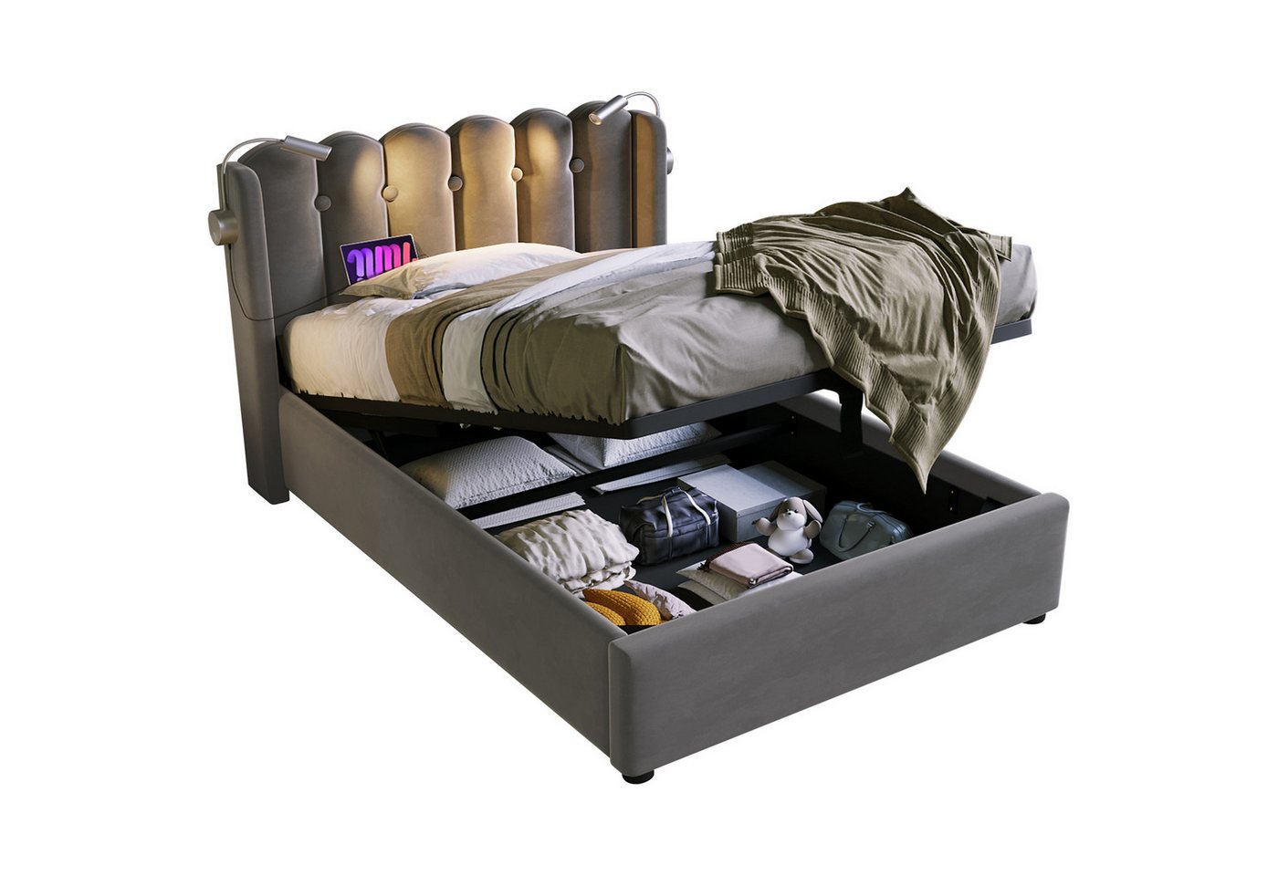 BlingBin Einzelbett Polsterbett (1-tlg., Ladefunktion und Bettkasten, mit Leselicht 90 ×200CM), 2 USB-Ladeanschlüsse,mit lattenrost,Ohne Matratze,Samt von BlingBin