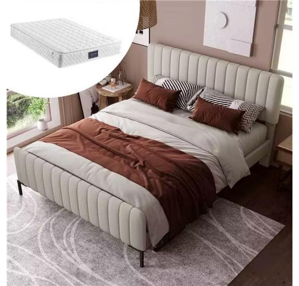 BlingBin Einzelbett Polsterbett (1-tlg., mit Lattenrost, Grau-Beige), Verstellbares Kopfteil, Mit Matratze, 140 x 200 cm von BlingBin