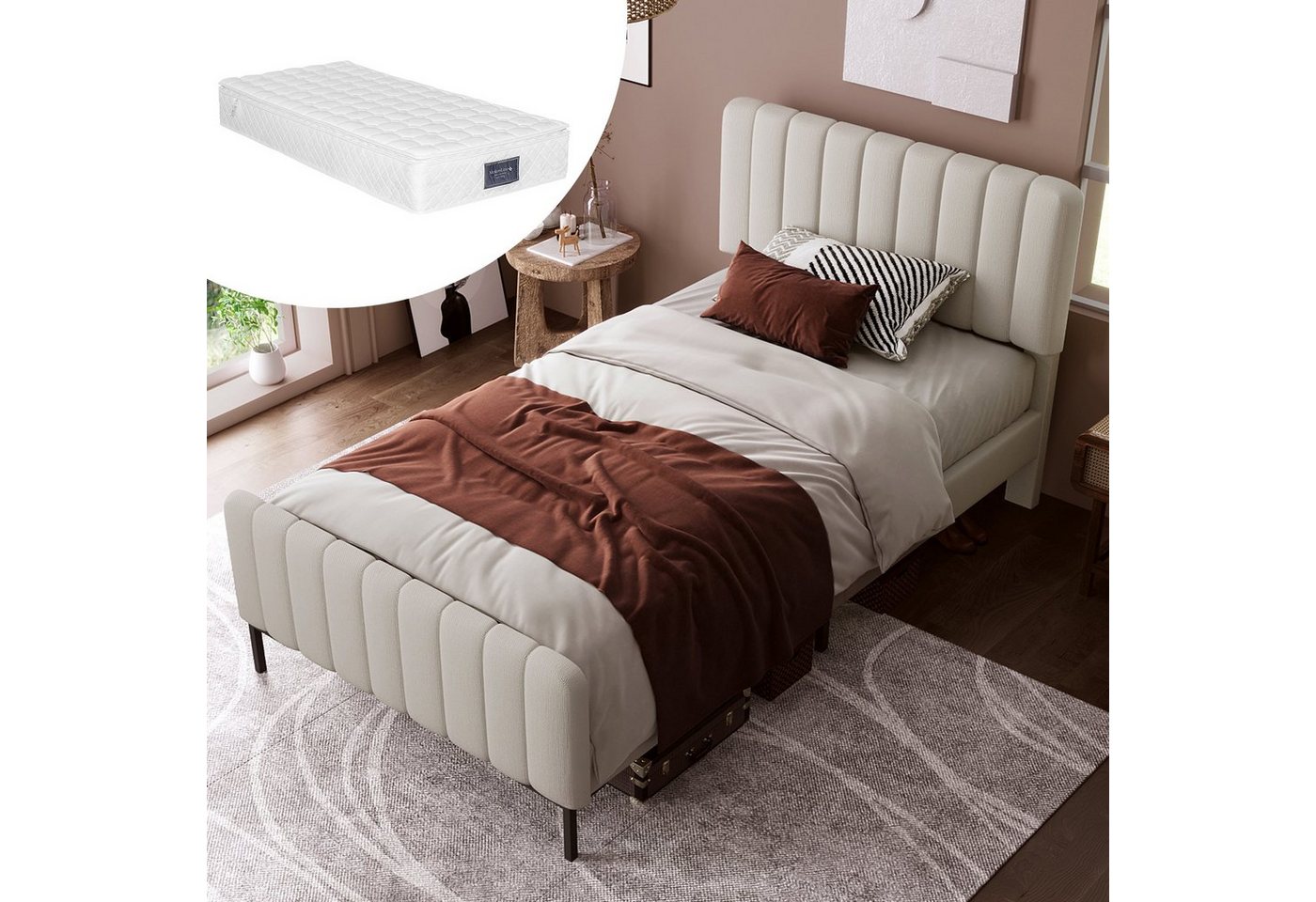 BlingBin Einzelbett Polsterbett (1-tlg., mit Lattenrost, Grau-Beige), Verstellbares Kopfteil, Mit Matratze, 90 x 200 cm von BlingBin