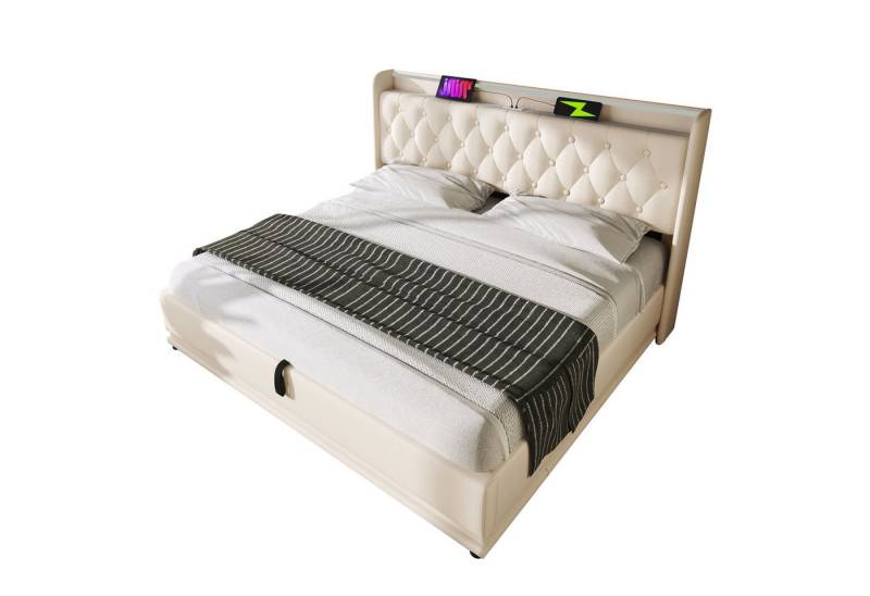 BlingBin Einzelbett Polsterbett Stauraumbett (1-tlg., Doppelbett, gepolstertes Kopfteil mit USB Typ-C Ladefunktion), 360-Surround-LED-Funktion, weiß PU-Material von BlingBin