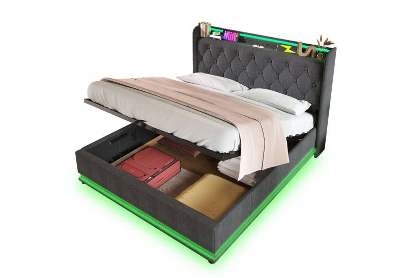 BlingBin Einzelbett Polsterbett Stauraumbett (1-tlg., Doppelbett, gepolstertes Kopfteil mit USB Typ-C Ladefunktion), 360-Surround-LED-Funktion, Grau Leinen-Material von BlingBin