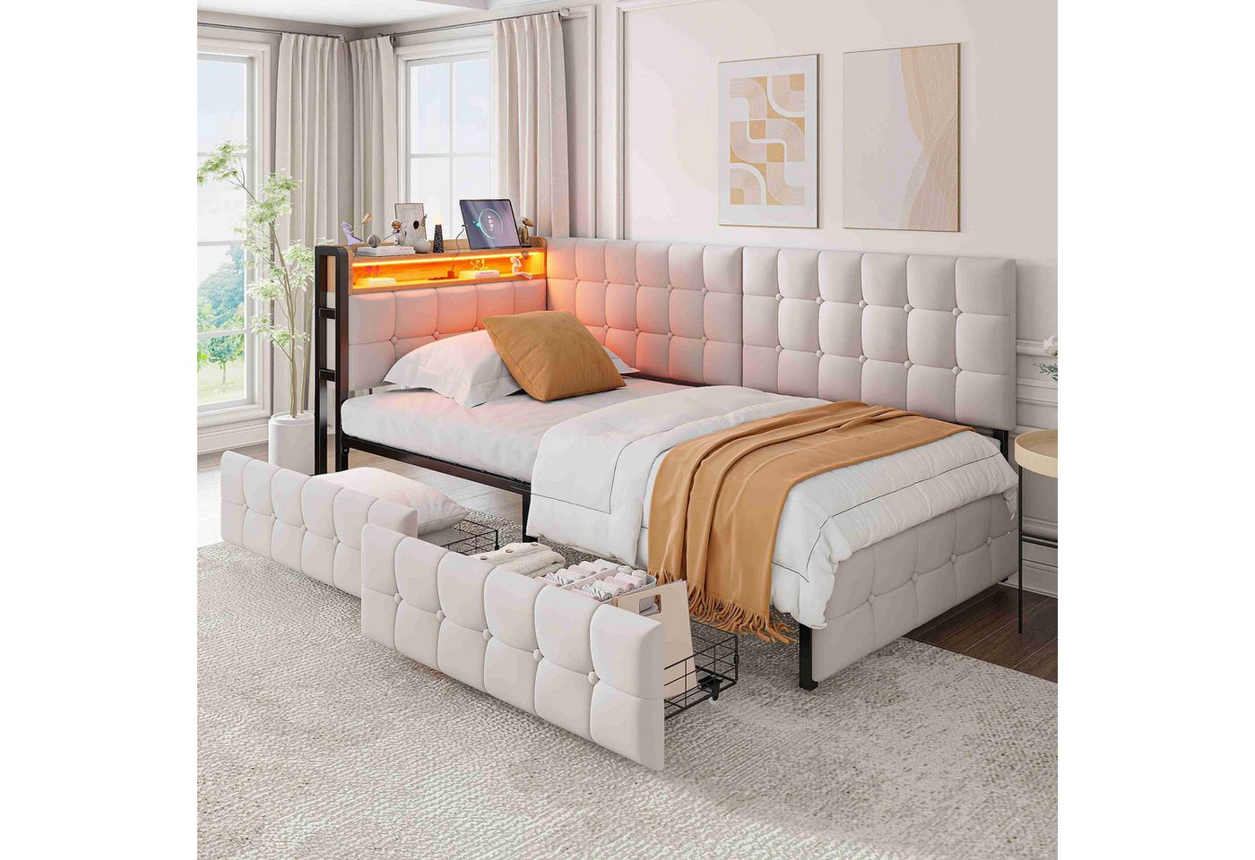 BlingBin Einzelbett Schlafsofa Multifunktions-Polsterbett Kinder-Bootsbett (1-tlg., Mit 2 Schubladen und LED-Nachttischlampe), USB- und Typ-C-Anschluss 90x200cm Samt Beige von BlingBin
