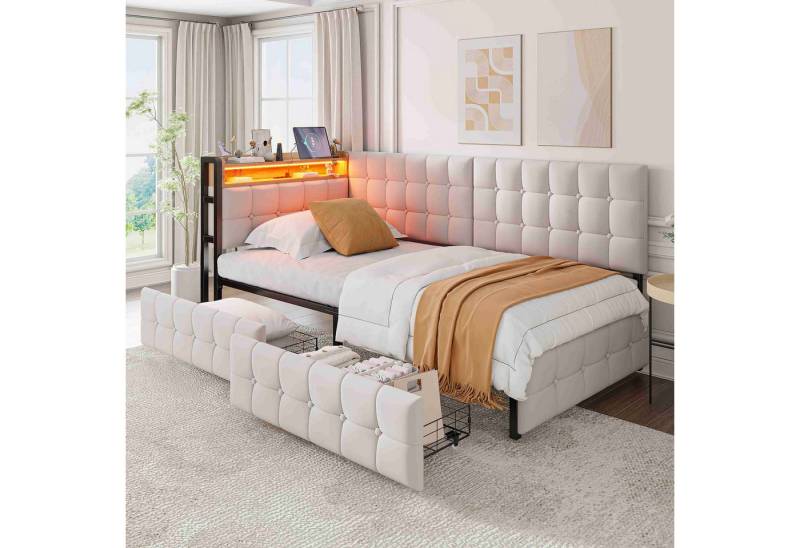 BlingBin Einzelbett Schlafsofa Multifunktions-Polsterbett Kinder-Bootsbett (1-tlg., Mit 2 Schubladen und LED-Nachttischlampe), USB- und Typ-C-Anschluss 90x200cm Samt Beige von BlingBin