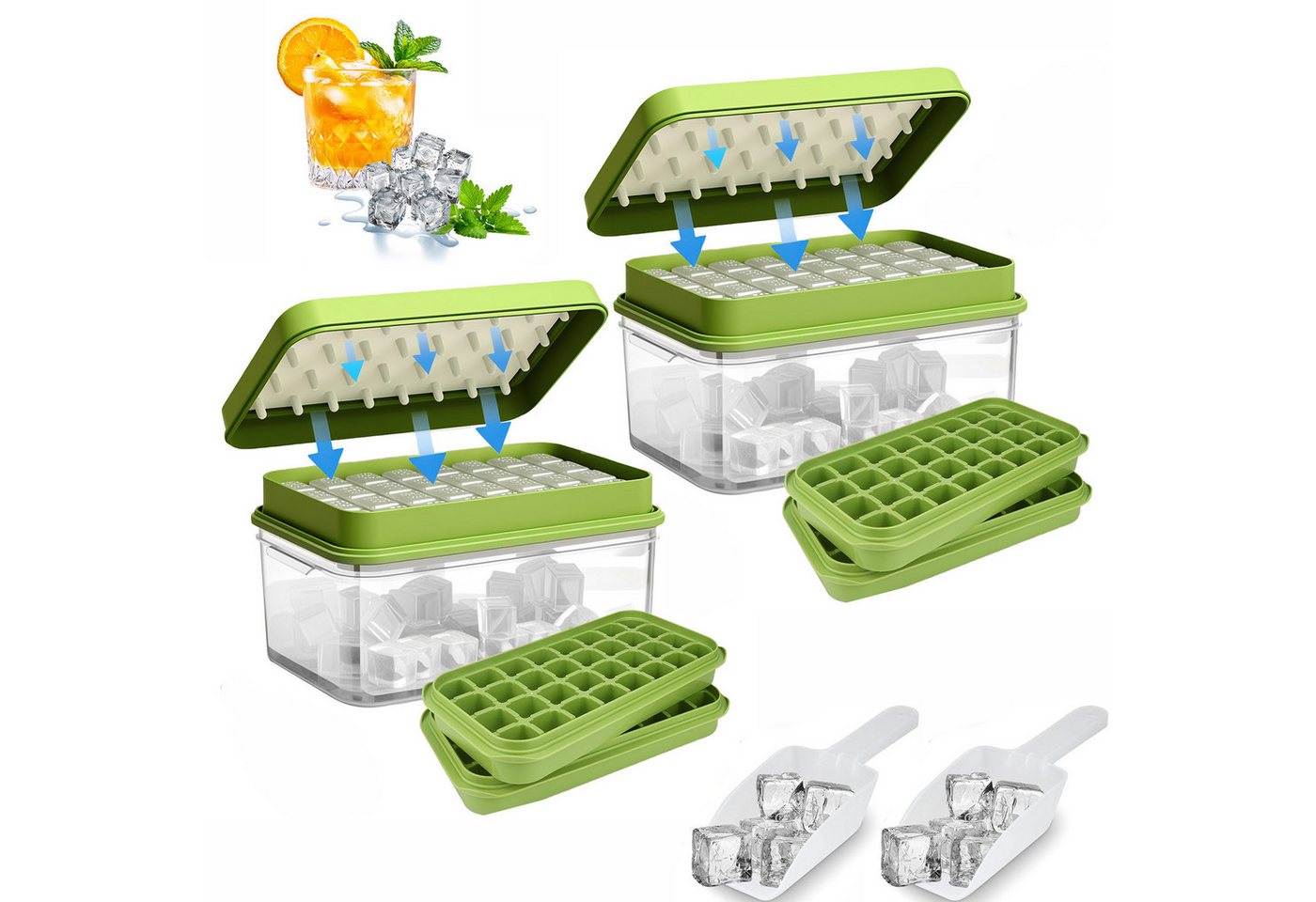 BlingBin Eiswürfelform Eis Aufbewahrungsbox Pressefunktion,Eiswürfelbehälter mit Eisschöpfer, (21*13.5*14cm, 4 Eiswürfelform+2 Deckel+2 Behälte+2 Schaufel 2-tlg), DIY Eiswürfel für Gekühlte Getränke, Whisky, Kaffee, Obst (Grün) von BlingBin