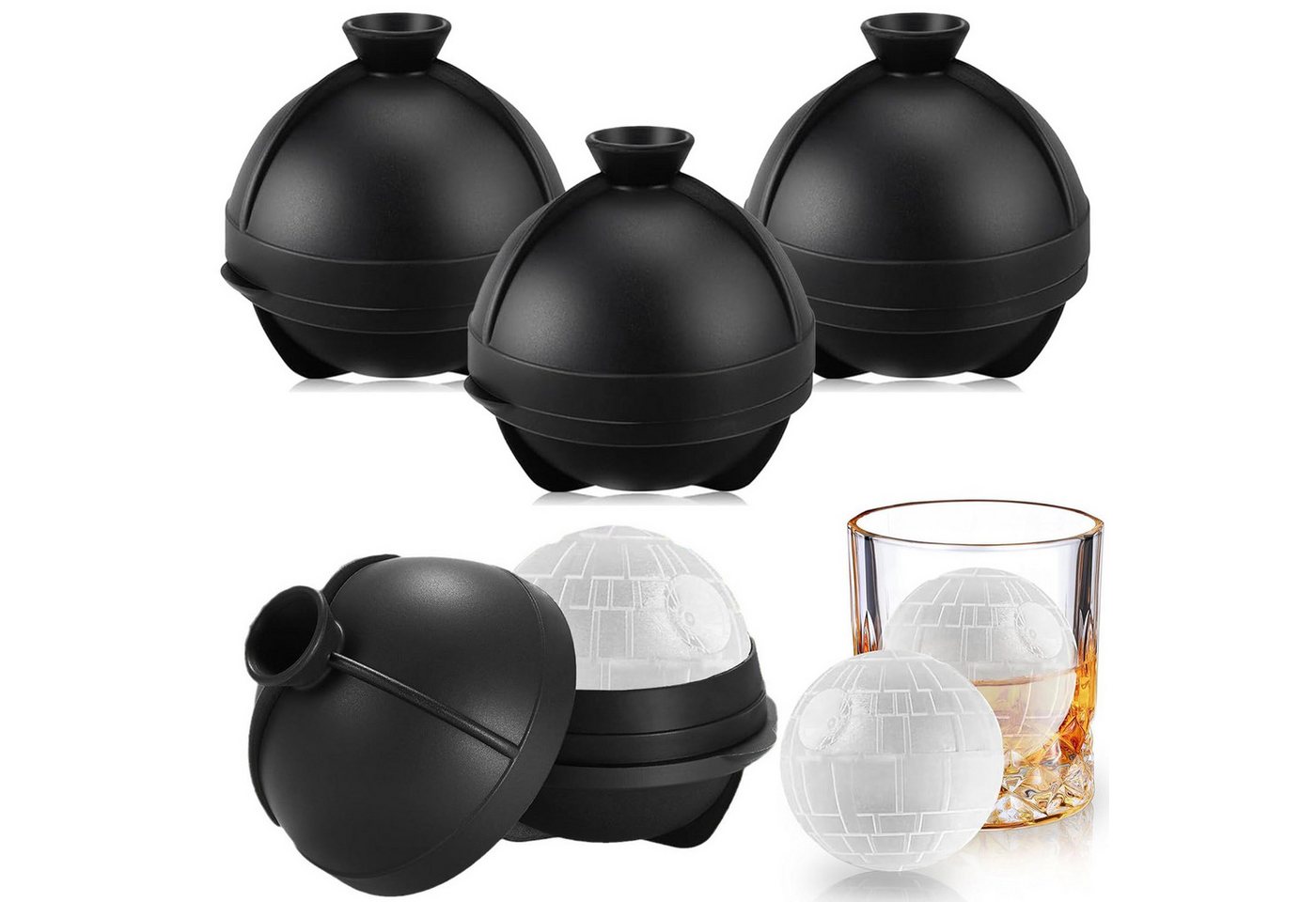 BlingBin Eiswürfelform Eiskugelform Kugel Silikon Set, Wiederverwendbar Eiswürfelformen Rund, (4er Set 4-tlg), Eiswürfel Formen Kugeln mit Deckel für Whisky, Bier, Cocktail, Saft von BlingBin