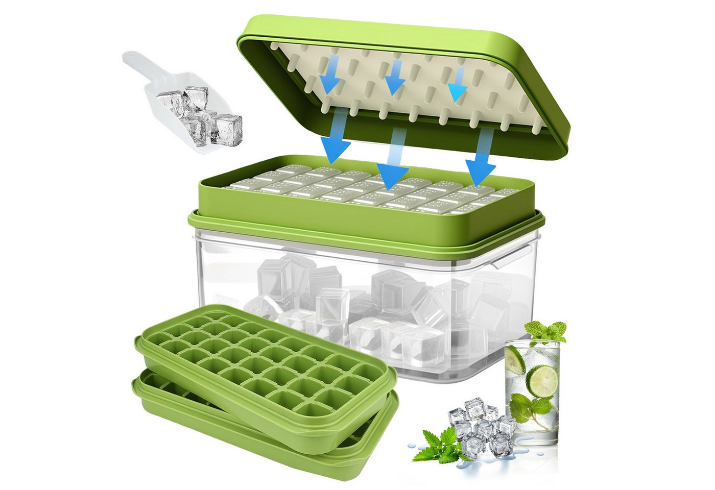 BlingBin Eiswürfelform Eiswürfelformen für Gefrierschrank mit Deckel und Behälter, (1 Set 1-tlg), Herstellung von 64 Stück Eiswürfeln für Whiskey-Cocktail von BlingBin