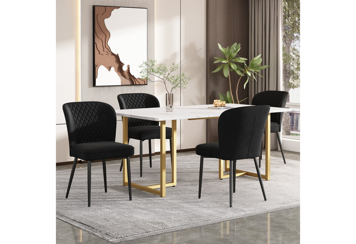 BlingBin Essgruppe, (5-tlg., Esstisch mit 4 Stühlen, 140×80cm Küchentisch), Weißer MDF-Desktop, Spleißen von Tischplatten, Samt Esszimmerstühle von BlingBin