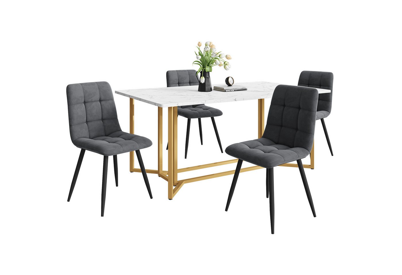 BlingBin Essgruppe, (5-tlg., Esstisch mit 4 Stühlen, 140×80cm Küchentisch), Weißer MDF-Desktop, Spleißen von Tischplatten, Samt Esszimmerstühle von BlingBin