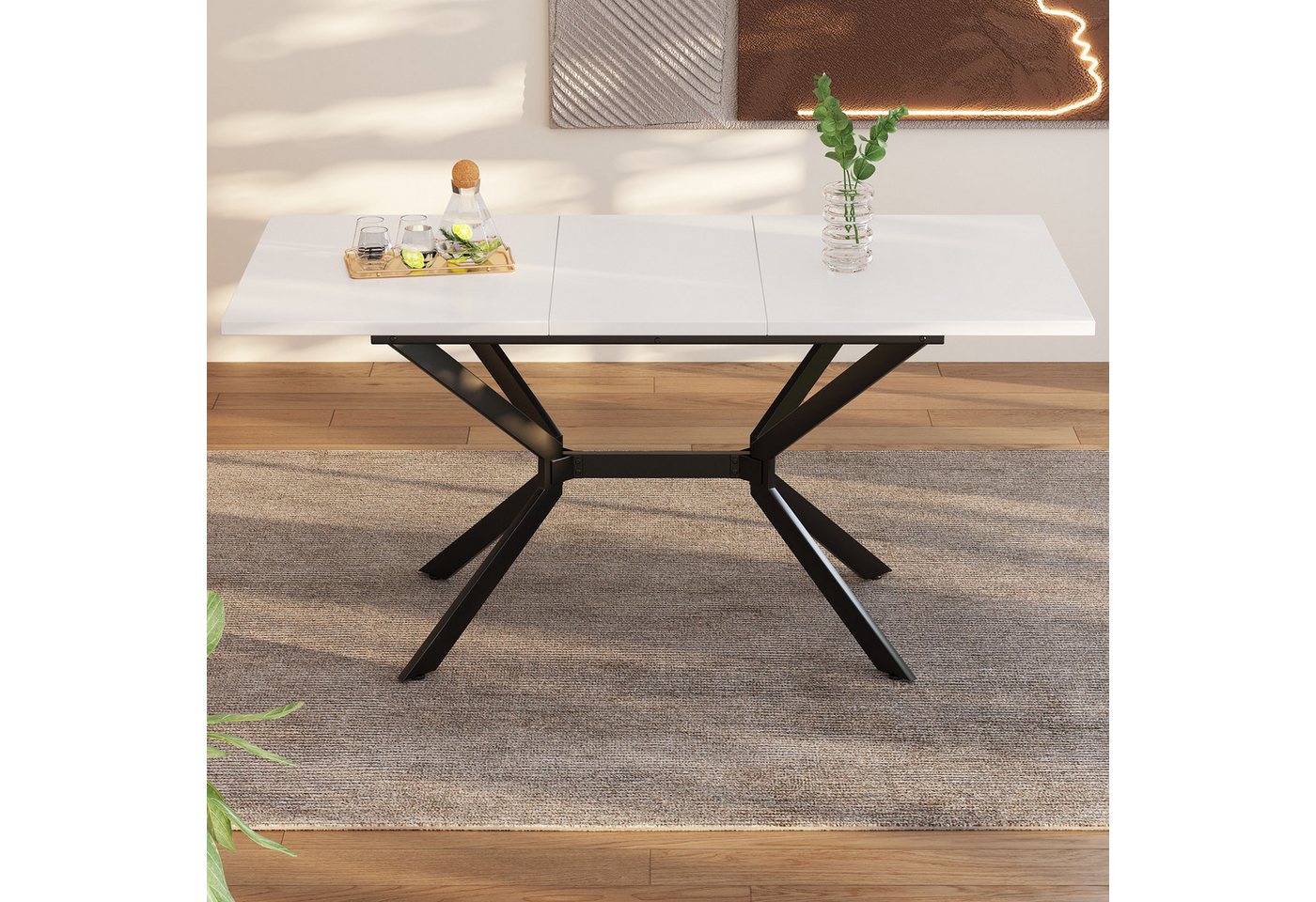 BlingBin Esstisch Erweiterbarer Esstisch, Tischbeine aus Schwarzem Metall (Hochwertiges MDF-Material, Hochfeste strukturelle Stabilität, 1-St., 120/160*80cm, Tragendes Gewicht: 60KG), Rechteckiger Esstisch, Geeignet für 4-6 Personen, Weiß & Schwarz von BlingBin