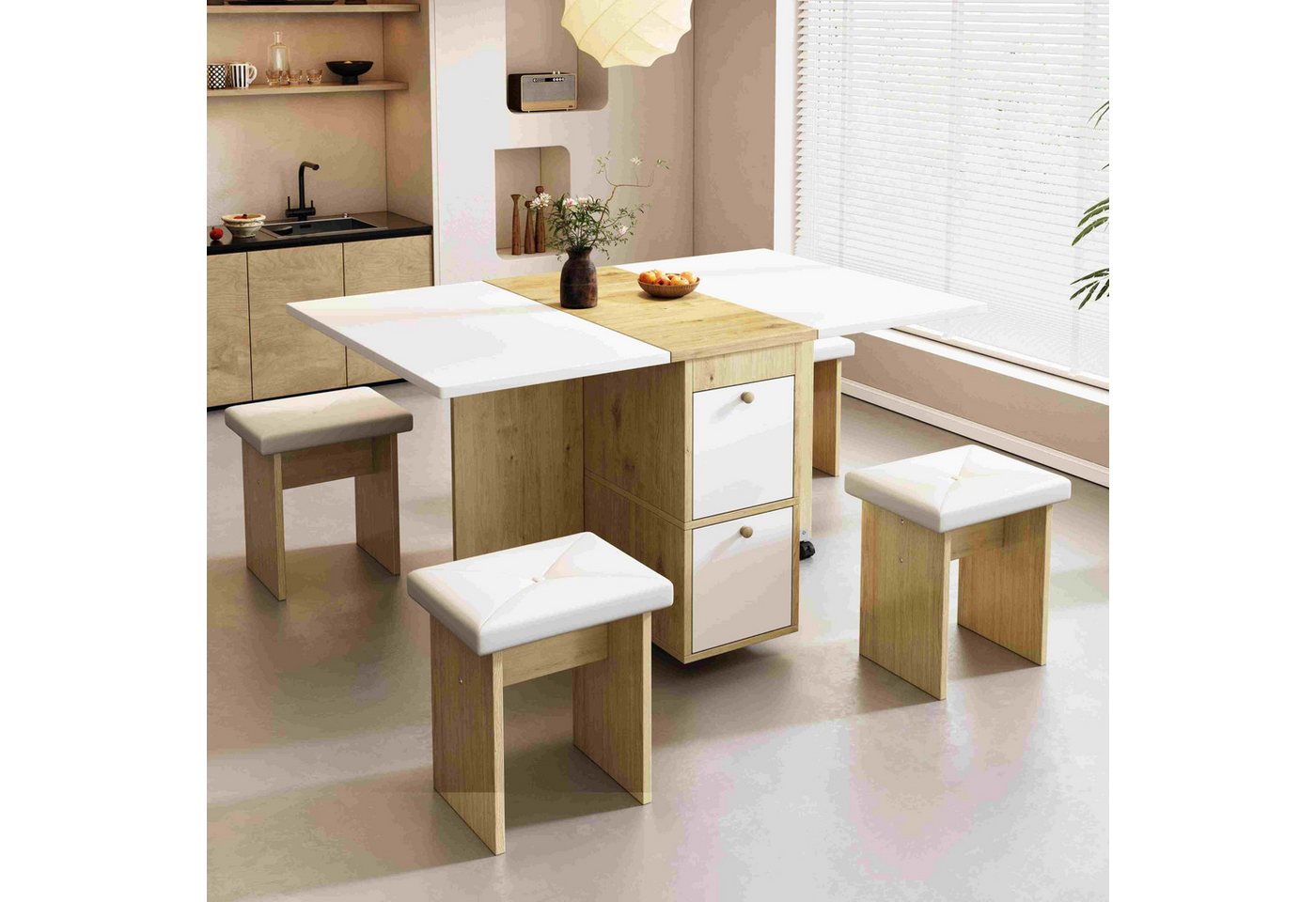 BlingBin Esstisch Esstisch-Set (5-St., 120*80*75cm, mit Esstisch, 4 Stühlen), Klappbares und versenkbares Design von BlingBin