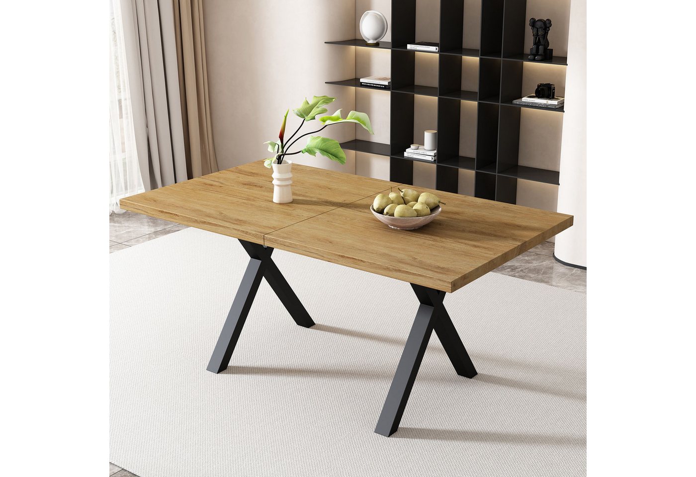 BlingBin Esstisch Moderner Rechteckiger Esstisch, Design mit Gekreuzten Beinen (1er Set, 1-St., 140*80*76cm, Tragendes Gewicht: 130 KG, MDF und Metall), Couchtisch, Einfacher Esstisch aus Schmiedeeisen, Eiche & Schwarz von BlingBin