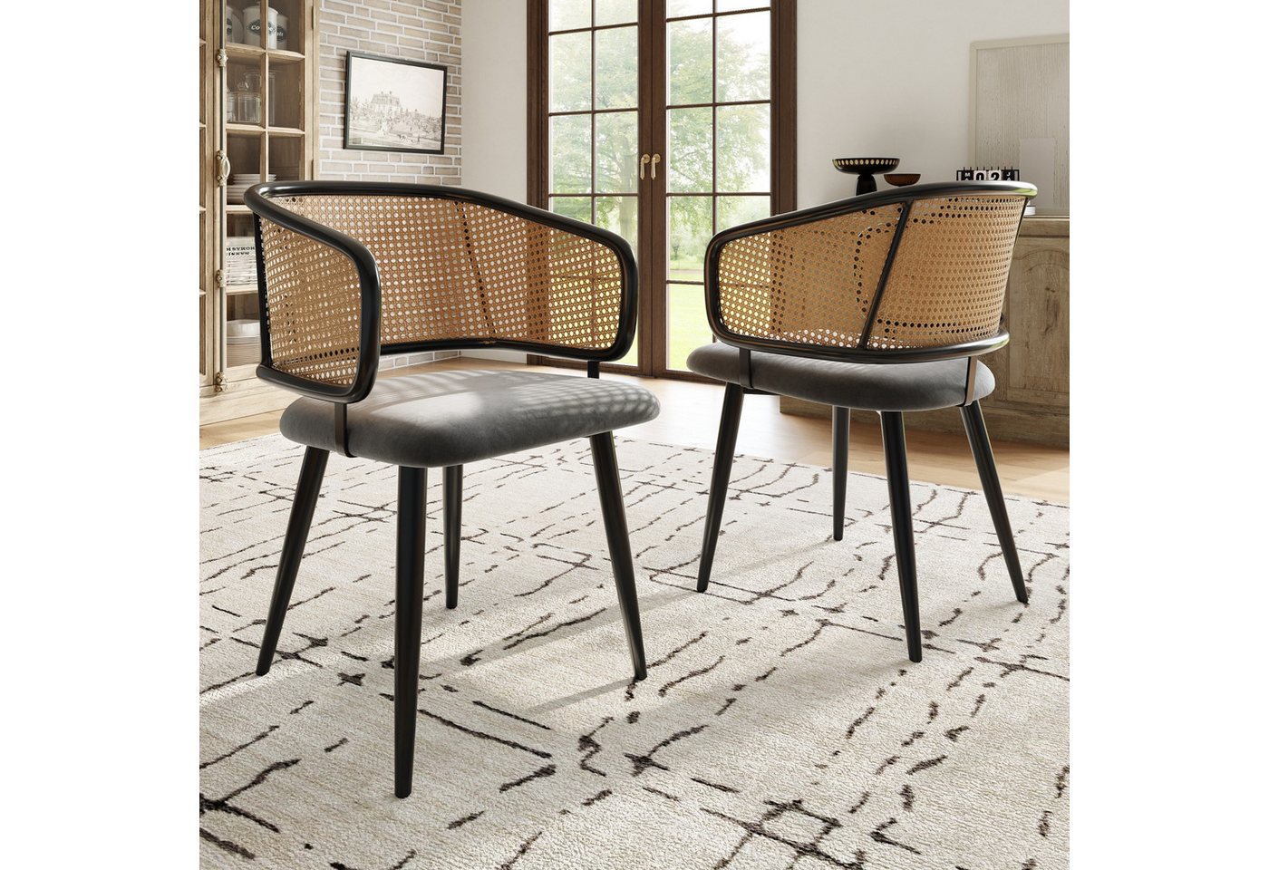 BlingBin Esszimmerstuhl 2 Stühle Esszimmerstühle mit Rattan-Rückenlehne, Loungesessel (2er Set, 2 St), Sitzkissen aus Samt-Kissen, für Restaurants, Wohnzimmer und Cafés von BlingBin