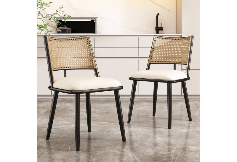 BlingBin Esszimmerstuhl Polsterstuhl Ohrensessel Küchenstuhl mit Rattan-Rückenlehne (Schlafzimmerstuhl Wohnzimmerstuhl, Maße: 50*48*80cm, Tragendes Gewicht: 120kg, 2 St), Sitzkissen aus PU für Wohnzimmer Esszimmer Schlafzimmer, Beige von BlingBin