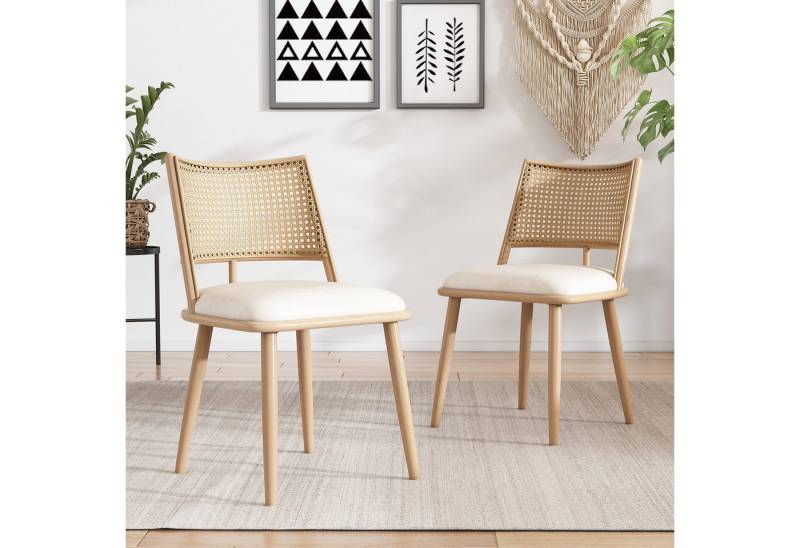 BlingBin Esszimmerstuhl Polsterstuhl Ohrensessel Küchenstuhl mit Rattan-Rückenlehne (Schlafzimmerstuhl Wohnzimmerstuhl, Maße: 50*48*80cm, Tragendes Gewicht: 120kg, 2 St), Sitzkissen aus PU für Wohnzimmer Esszimmer Schlafzimmer, Beige von BlingBin
