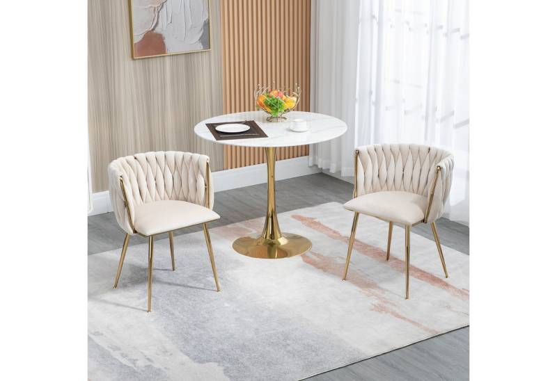 BlingBin Esszimmerstuhl Polsterstuhl Relaxsessel (2er-Set)mit goldenen Metallbeinen,weichen Kissen, 2 St), 55.5×41×74 cm,Samt,Beige,für Esszimmer, Wohnzimmer,Schlafzimmer von BlingBin