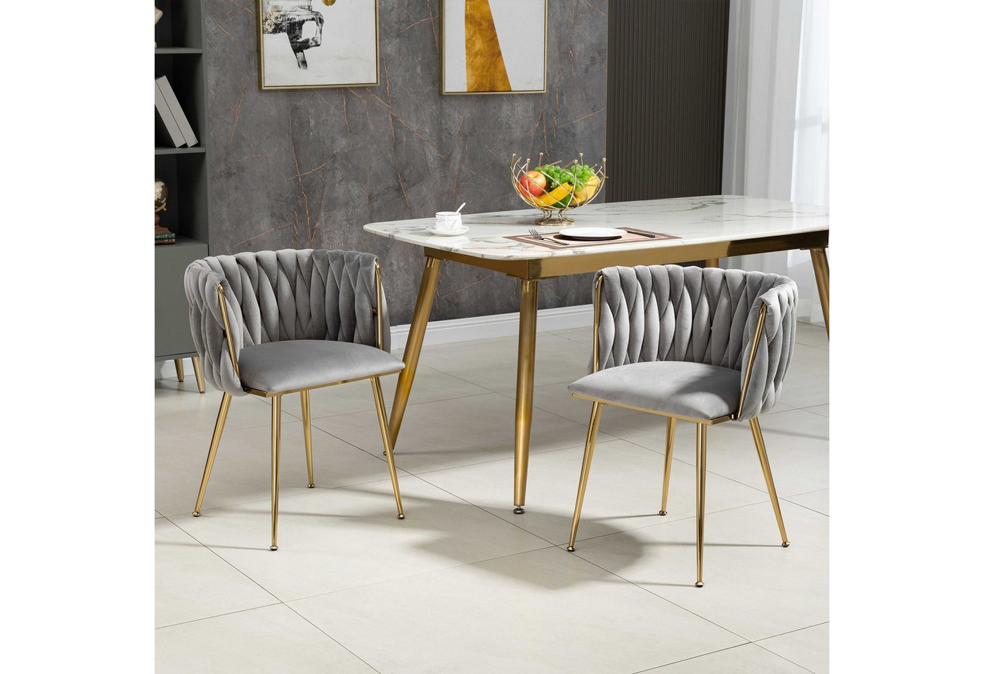 BlingBin Esszimmerstuhl Polsterstuhl Relaxsessel (2er-Set)mit goldenen Metallbeinen,weichen Kissen, 2 St), 55.5×41×74 cm,Samt,Grau,für Esszimmer, Wohnzimmer,Schlafzimmer von BlingBin