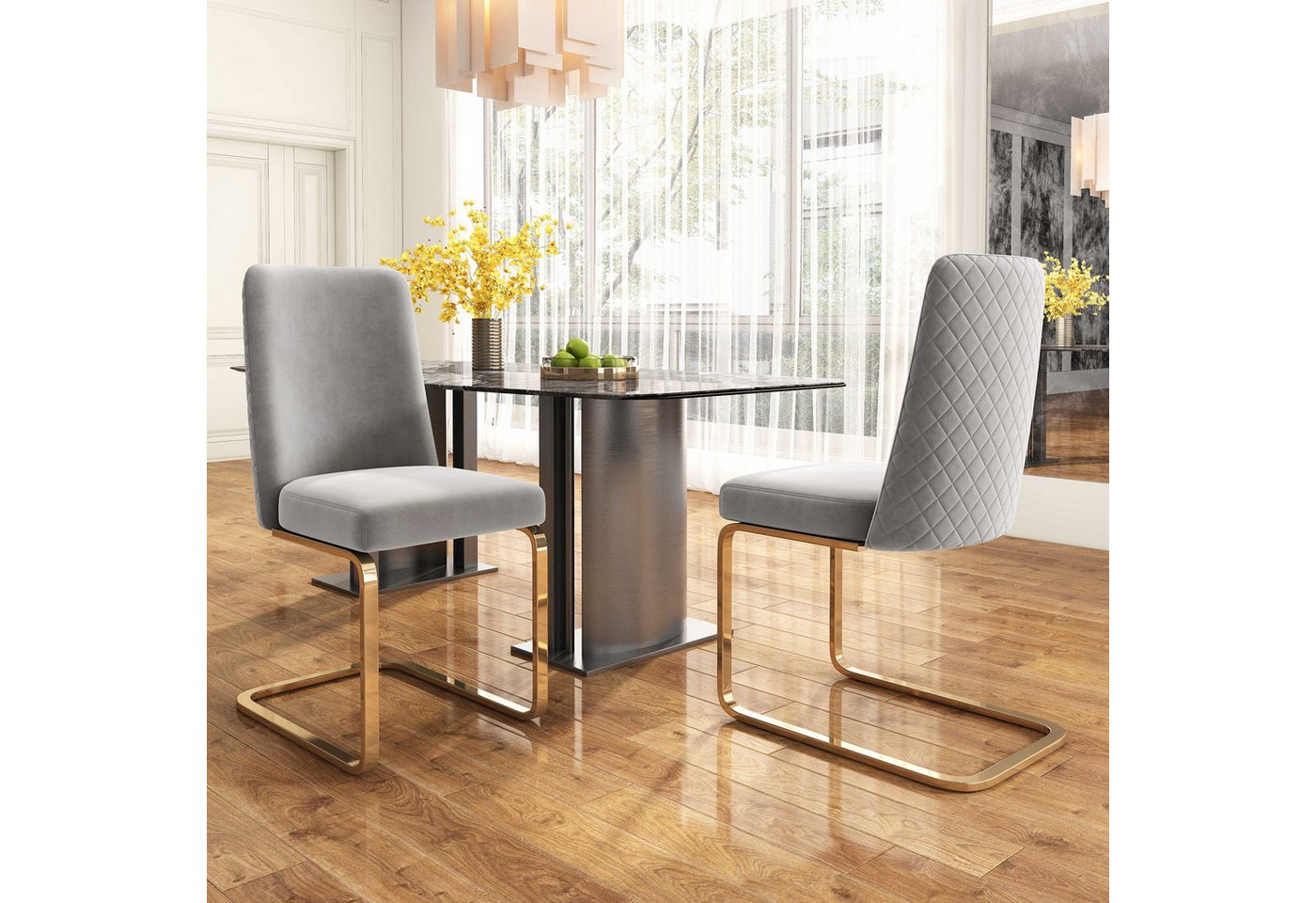 BlingBin Esszimmerstuhl Polsterstuhl Wohnzimmerstuhl (Rückenlehne mit Rautenmuster, goldfarbene Metallstützen, 2 St), Samt, für Wohn- und Schlafzimmer, grau von BlingBin
