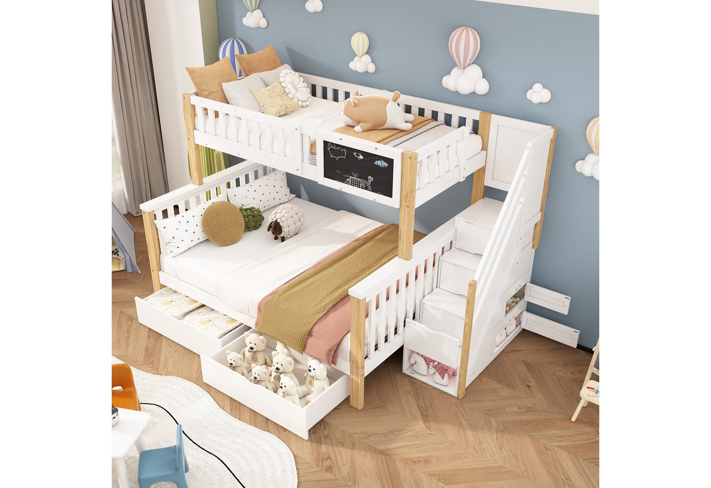 BlingBin Etagenbett Doppelbett, Multifunktionales Kinderbett mit Tafel und Schubladen (1er Set, 1-St., 90*200 & 140*200CM, Ohne Matratze, Tragfähigkeit: 120KG), Etagenbett, Schubladen zur Aufbewahrung, Weiß & Helle Eiche von BlingBin