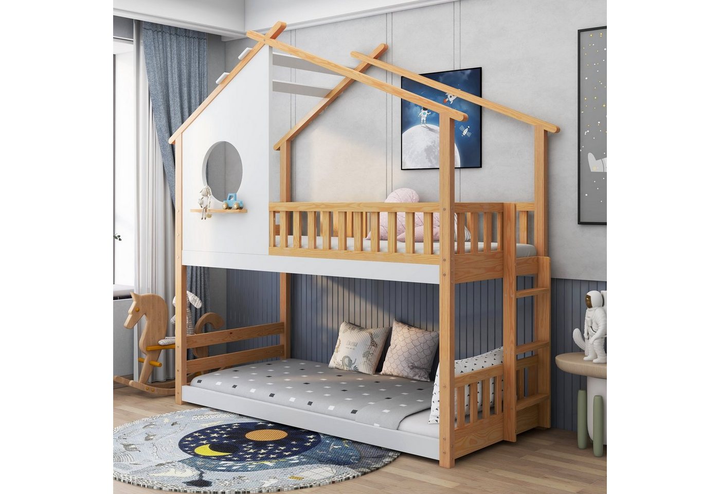 BlingBin Etagenbett Etagenbett Kinderbett, Rahmen aus Kiefernholz, 200x90cm (mit rechtwinkliger Leiter, natur, weiß), mit Fallschutz und Barriere von BlingBin