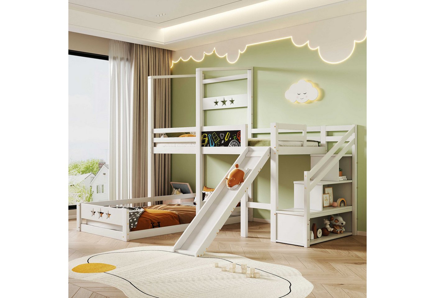 BlingBin Etagenbett Kinderbett (1-St., Holzbett für Kinder 2x Lattenrost mit Rausfallschutz), Treppe mit Stauraum, mit Tafel und Rutsche, 90x200 cm von BlingBin