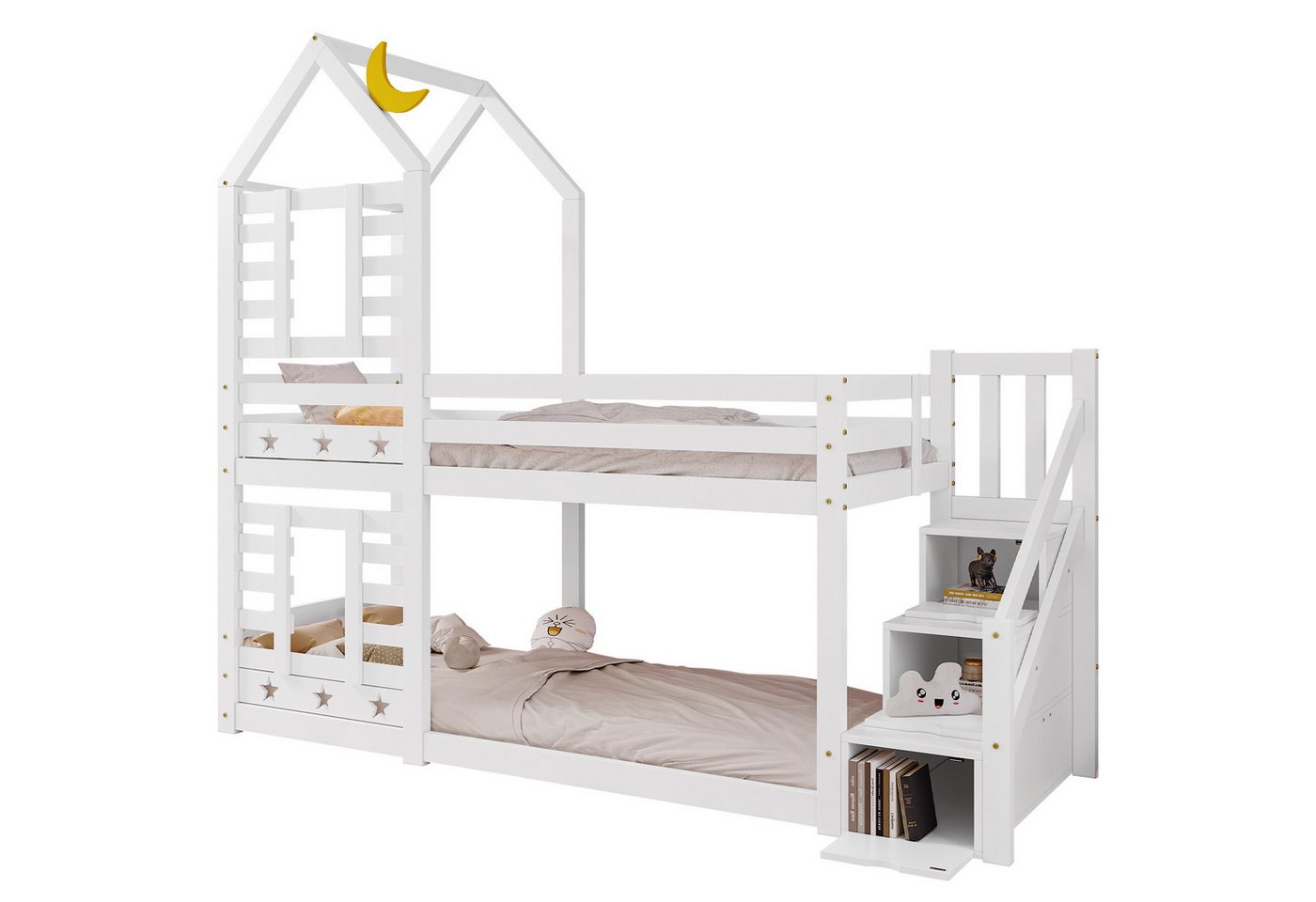 BlingBin Etagenbett Kinderbett Baumhaus Hochbett für Kinder (1-St., mit Schublade und Sterne und Mond Dekoration), Rundum-Absturzschutz 90 x 200 cm von BlingBin