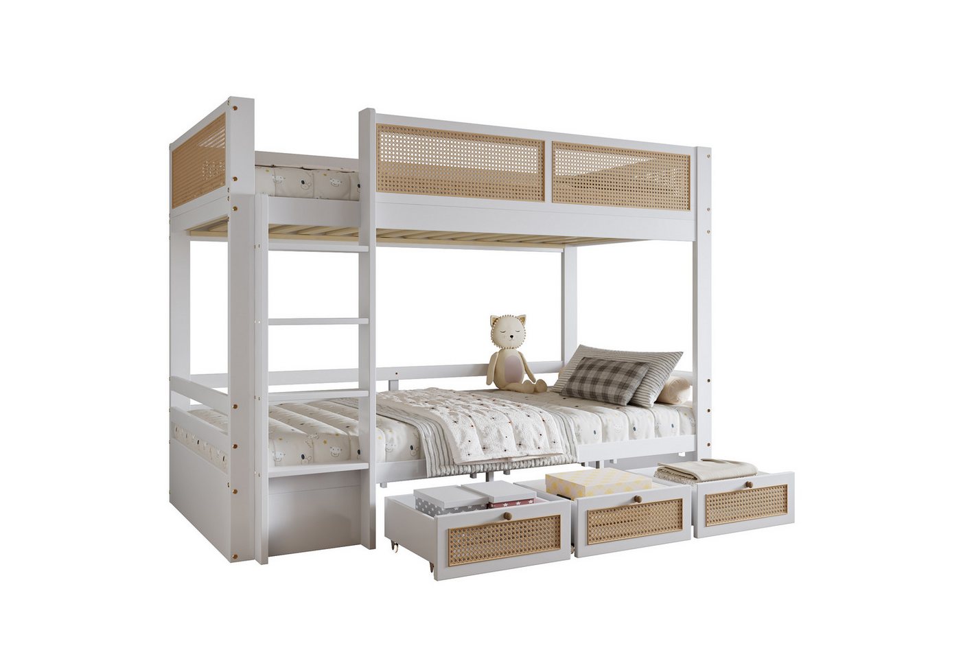 BlingBin Etagenbett Kinderbett Einzelbett Massivholzbett mit Geflochtener Rattanzaun (Stauraumbett mit Drei Schubladen mit Rollen, Stabile Lattenroste und Sichere Bettgitter, 1-St., 90x200cm, Ohne Matratze, Belastbarkeit maximal: 125KG), Holzbett aus Kiefer, MDF und Sperrholz für Kinderzimmer, Weiß & Natur BlingBin Etagenbett Kinderbett Einzelbett Massivholzbett mit Geflochtener Rattanzaun (Stauraumbett mit Drei Schubladen mit Rollen, Stabile Lattenroste und Sichere Bettgitter, 1-St., 90x200cm, Ohne Matratze, Belastbarkeit maximal: 125KG), Holzbett aus Kiefer, MDF und Sperrholz für Kinderzimmer, Weiß & Natur von BlingBin