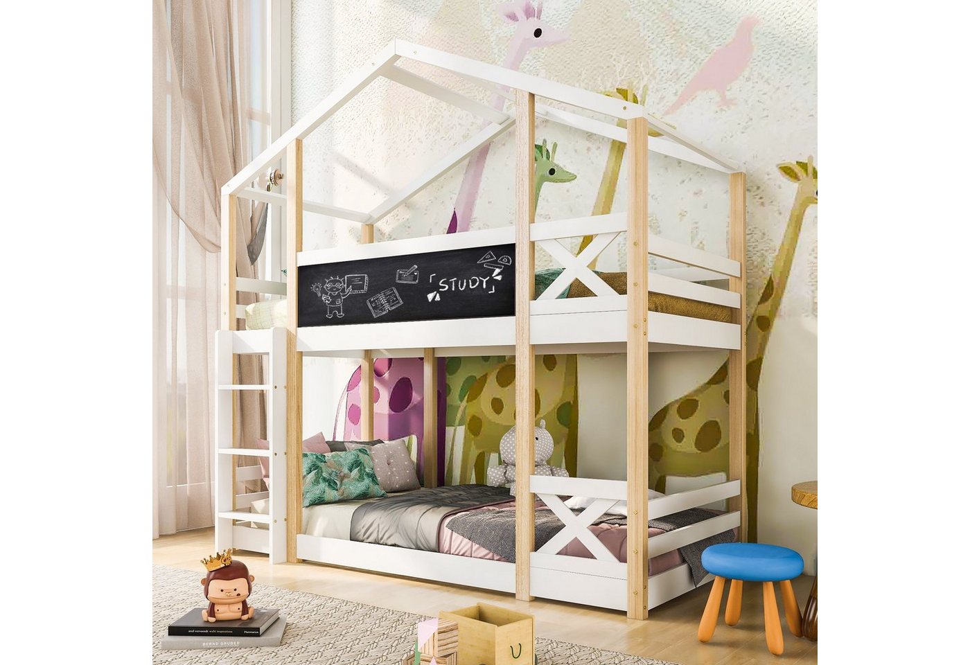 BlingBin Etagenbett Kinderbett Hochbett mit Speicherung und Rausfallschutz 90×200CM (Hochbett für Kinder– 2x Lattenrost- Natur & Weiß), Gesamtabmessung: 244.5 x 205 x96 cm von BlingBin