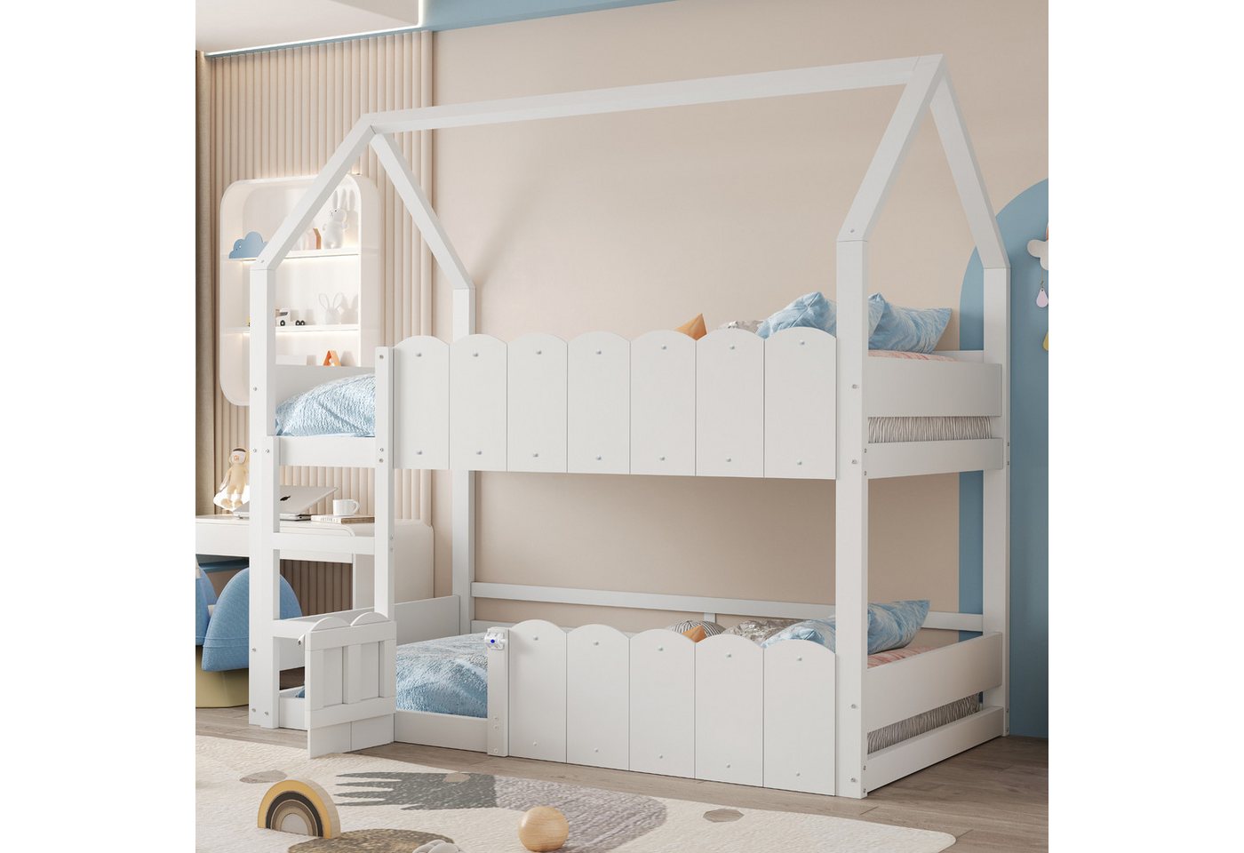 BlingBin Etagenbett Kinderbett Jugendbett Einzelbett Hochbett Massivholzbett (Bettgestell mit Hausförmiges Design mit erhöhten Sicherheitsgeländern, Das Obere Bett verfügt über Einen Lattenrost, 1-St., 90*200 cm, Ohne Matratze, Gewichtskapazität: 120kg), Holzbett aus Holz, Metall, Sperrholz & MDF für Kinderzimmer, Weiß BlingBin Etagenbett Kinderbett Jugendbett Einzelbett Hochbett Massivholzbett (Bettgestell mit Hausförmiges Design mit erhöhten Sicherheitsgeländern, Das Obere Bett verfügt über Einen Lattenrost, 1-St., 90*200 cm, Ohne Matratze, Gewichtskapazität: 120kg), Holzbett aus Holz, Metall, Sperrholz & MDF für Kinderzimmer, Weiß von BlingBin