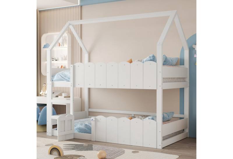 BlingBin Etagenbett Kinderbett Jugendbett Einzelbett Hochbett Massivholzbett (Bettgestell mit Hausförmiges Design mit erhöhten Sicherheitsgeländern, Das Obere Bett verfügt über Einen Lattenrost, 1-St., 90*200 cm, Ohne Matratze, Gewichtskapazität: 120kg), Holzbett aus Holz, Metall, Sperrholz & MDF für Kinderzimmer, Weiß von BlingBin