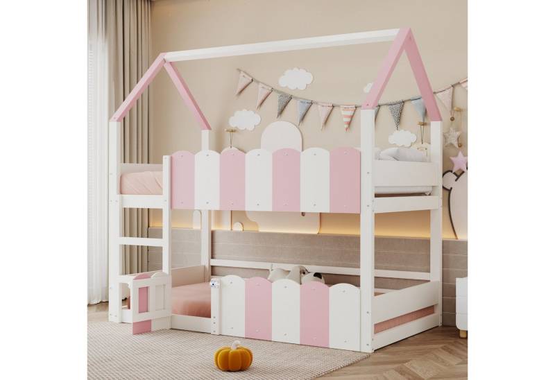 BlingBin Etagenbett Kinderbett Jugendbett Einzelbett Hochbett Massivholzbett (Bettgestell mit Hausförmiges Design mit erhöhten Sicherheitsgeländern, Das Obere Bett verfügt über Einen Lattenrost, 1-St., 90*200 cm, Ohne Matratze, Gewichtskapazität: 120kg), Holzbett aus Holz, Metall, Sperrholz & MDF für Kinderzimmer, Rosa von BlingBin