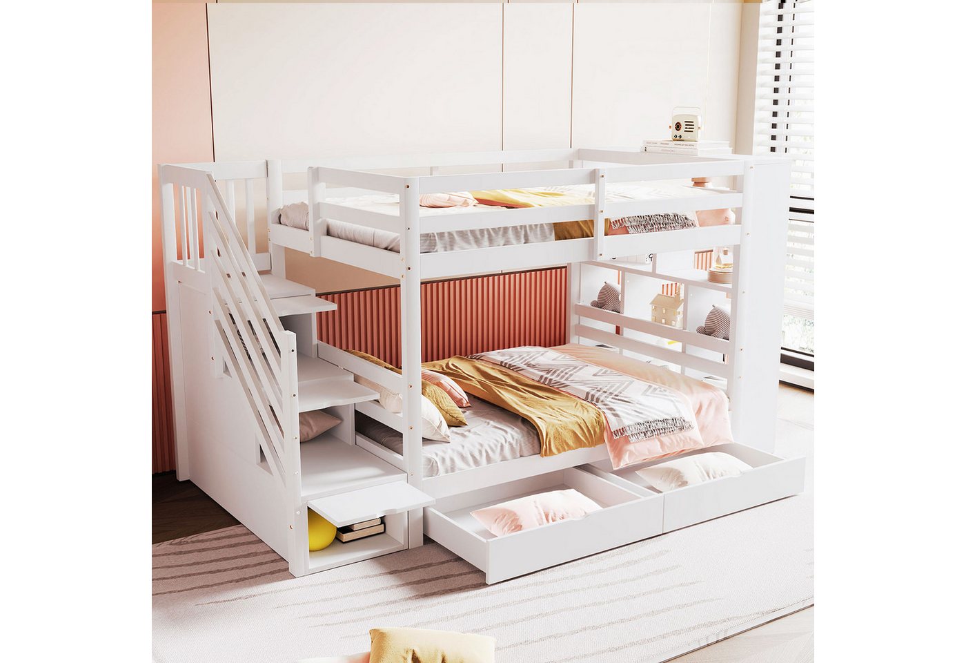 BlingBin Etagenbett Kinderbett Stauraumbett Einzelbett Jugendbett Massivholzbett (Sicherheitstreppe mit Staufächern, Stauraumschubladen und großen Schließfächern, Hohe Zaunkonstruktion, Lattenrost, 1-St., 90*200 cm, Ohne Matratze, Maximale Belastbarkeit: 120KG), Holzbett aus Kiefernholz, Metal, Sperholz & MDF für Kinderzimmer BlingBin Etagenbett Kinderbett Stauraumbett Einzelbett Jugendbett Massivholzbett (Sicherheitstreppe mit Staufächern, Stauraumschubladen und großen Schließfächern, Hohe Zaunkonstruktion, Lattenrost, 1-St., 90*200 cm, Ohne Matratze, Maximale Belastbarkeit: 120KG), Holzbett aus Kiefernholz, Metal, Sperholz & MDF für Kinderzimmer von BlingBin
