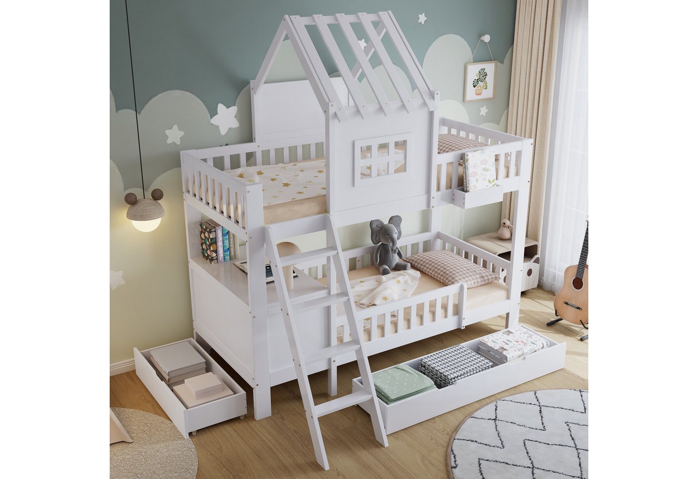 BlingBin Etagenbett Kinderbett Stauraumbett Funktionsbett Massivholzbett Einzelbett (Bettgestell mit Schönes Dach und Fenster, Mit Lesetisch und Ablagekorb, Zwei Schubladen mit Rollen, 1-St., 90*200 cm, Ohne Matratze, Belastbarkeit maximal: 125KG), Holzbett aus Kiefer, MDF und Sperrholz für Kinderzimmer, Weiß BlingBin Etagenbett Kinderbett Stauraumbett Funktionsbett Massivholzbett Einzelbett (Bettgestell mit Schönes Dach und Fenster, Mit Lesetisch und Ablagekorb, Zwei Schubladen mit Rollen, 1-St., 90*200 cm, Ohne Matratze, Belastbarkeit maximal: 125KG), Holzbett aus Kiefer, MDF und Sperrholz für Kinderzimmer, Weiß von BlingBin